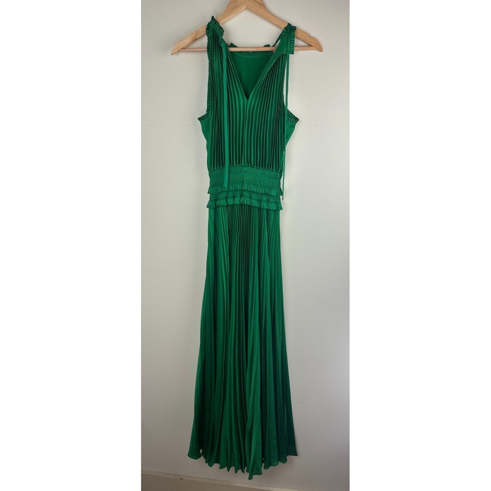 BCBGMAXAZRIA Emerald Green Satin Plisse High-Neck Maxi Dress XXS Pleated Elegant - Picture 12 of 16
